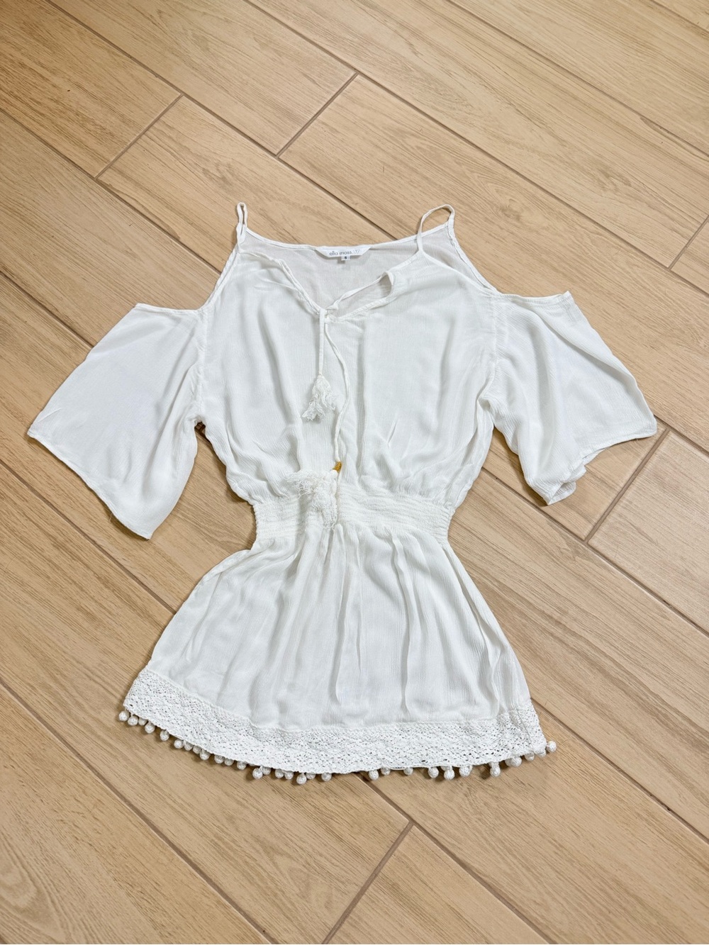 Ella Moss White Boho Cold Shoulder Tunic Pom Pom Coverup Small Festival Chic